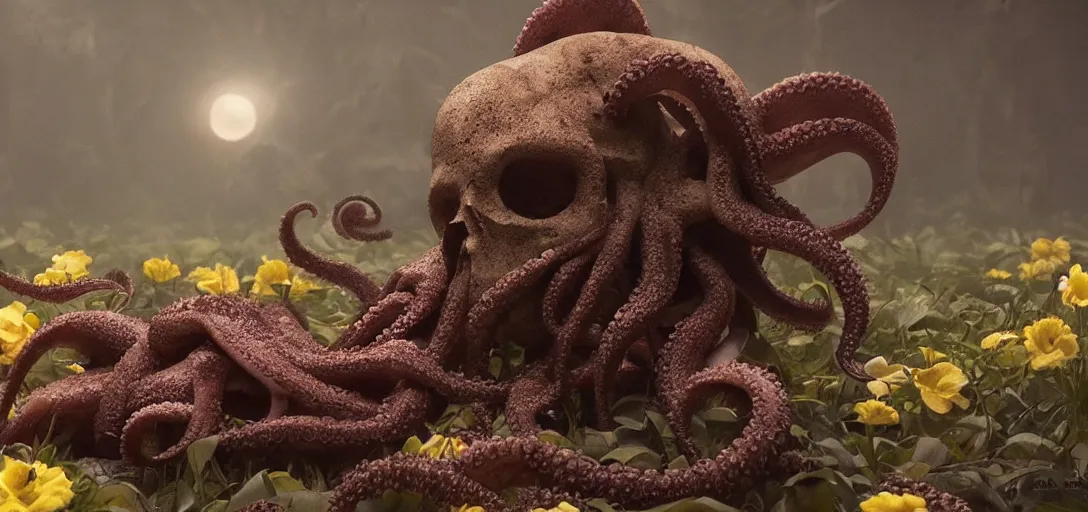 Prompt: an octopus in the shape of a skull surrounded by flowers at dawn, high flash, foggy, cinematic shot, photo still from movie by denis villeneuve, wayne barlowe