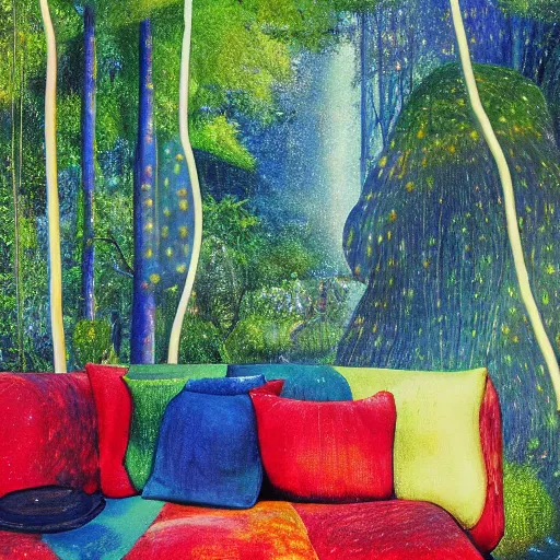 Image similar to psychedelic couch sofa in the lush forest, milky way, designed by arnold bocklin, jules bastien - lepage, tarsila do amaral, wayne barlowe and gustave baumann, cheval michael, trending on artstation, mediterranean, star, sharp focus, colorful refracted sparkles and lines, soft light, 8 k 4 k