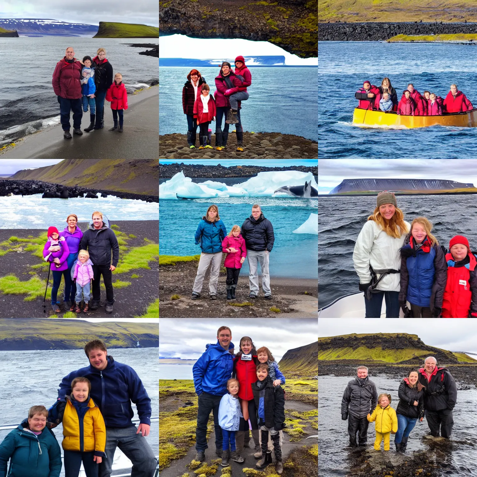 Prompt: a family photo from my disappointing boat and whale watching trip in Iceland