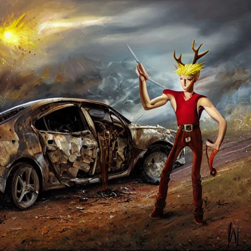 Image similar to a skinny elf with spiky blonde hair wearing dark brown overalls and holding dynamite standing next to a destroyed car, painting by Mark Arian