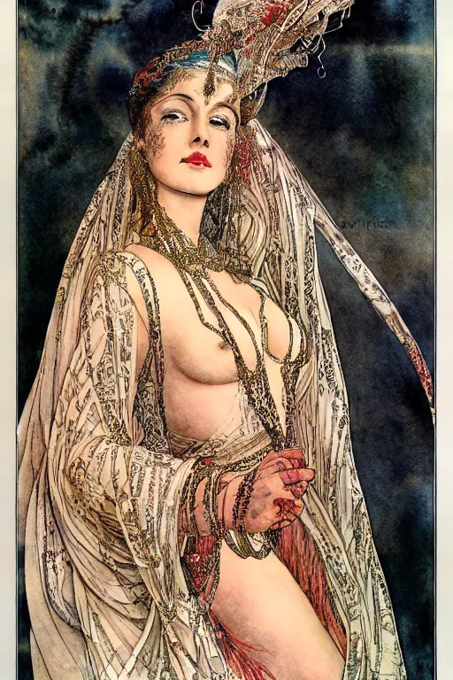 Image similar to detailed portrait of mata hari closeup face surrounded by swirling sari fabric frame, art by luis royo and walter crane and kay nielsen, watercolor illustration, sharp focus