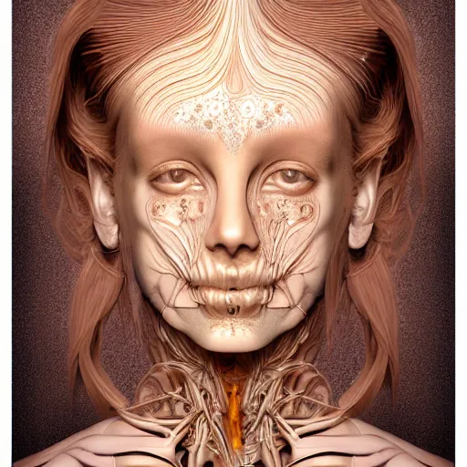 Image similar to beatifull face portrait of a woman, 150 mm, anatomical, flesh, flowers, mandelbrot fractal, facial muscles, veins, arteries, intricate, golden ratio, full frame, microscopic, elegant, highly detailed, ornate, ornament, sculpture, elegant , luxury, beautifully lit, ray trace, unreal, 3d, PBR, in the style of peter Gric , alex grey and Romero Ressendi