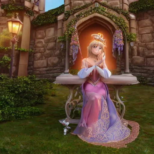 Image similar to a pleasant, beautiful, funny, smooth 3D CG render, semirealistic anime style, a noble priestess magician princess girl wearing dress and jewelry, in a glorious magic kingdom with castle and walls, relaxing calm vibes, fairytale, octane render