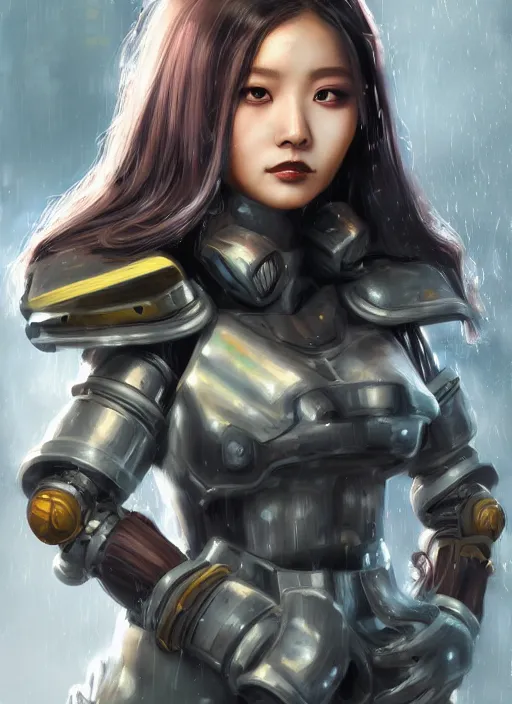 Image similar to An epic fantastic realism comic book style portrait painting of a female cyber warrior, tzuyu from twice, dieselpunk armor, long fluffy hair, porcelain pale skin, cyberpunk color raining tokyo everywhere, Concept world Art, unreal 5, DAZ, hyperrealistic, octane render, cosplay, RPG portrait, dynamic lighting