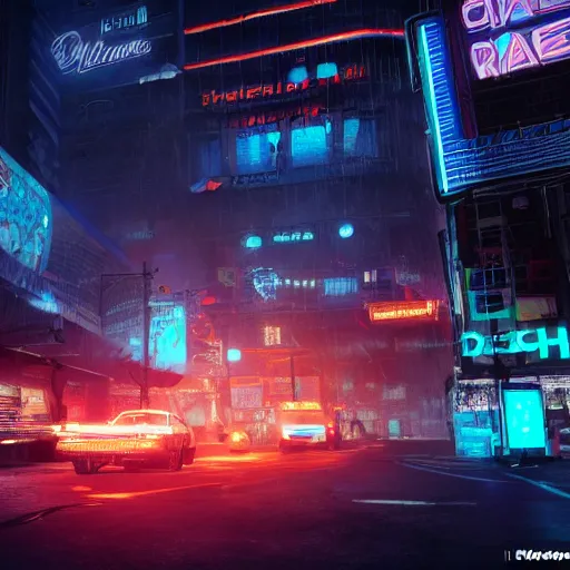 Image similar to a 3 d rendered in unreal engine guatemalan cyberpunk city with neon ads and signs with evocative dramatic mood with blade runner vibe with cars with motion blur with depth of field with bloom with lightshaft with volumetric lights, fog, by scott robertson, oscar winning graphics, photo realistic, bloom, imax, dynamic lighting, artstation,