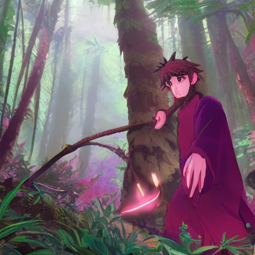 Image similar to concept art painting of an anthropomorphic anime style humanoid bearded dragon wearing magenta wizard robes, in the deep forest, realistic, detailed, cel shaded, in the style of makoto shinkai and greg rutkowski and james gurney