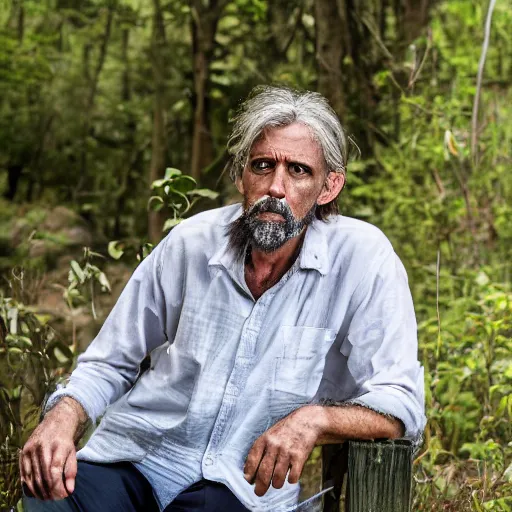 Image similar to A feral psychiatrist in his natural habitat. He is in his forties and wearing a dirty torn white shirt. 4K, National Geographic photograph