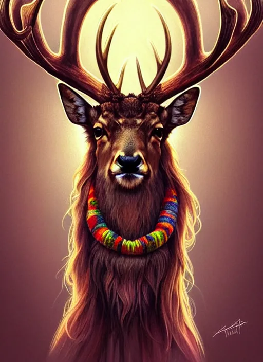 Prompt: symmetry!! portrait of antlered deer wearing a colorful beanie!, scarf!, earring!, intricate, elegant, highly detailed, digital painting, artstation, concept art, smooth, sharp focus, illustration, art by artgerm and greg rutkowski and alphonse mucha, 8 k