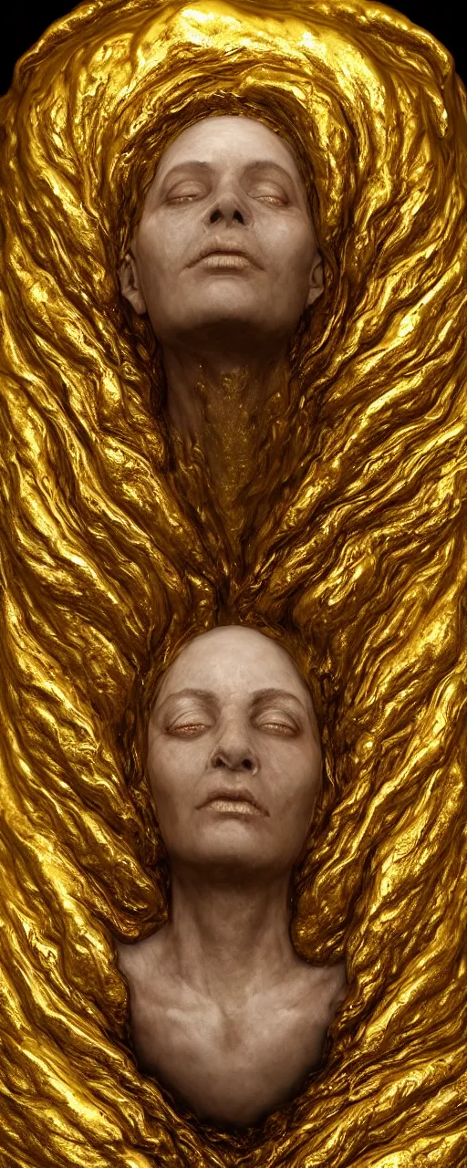 Image similar to Hyper realistic portrait of a beautiful old goddess floating, Liquid gold simulation in tornado, ancient fairy dust, ultra super good realistic 3D render by Pete Morbacher and Emil Melmoth, insanely detailed, trending on artstation, sharp focus