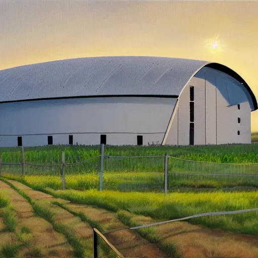 Image similar to exterior view of modern futuristic farm barn architecture, silo, feed troughs, cows, pigs, chickens, detailed luminescent oil painting 4 k