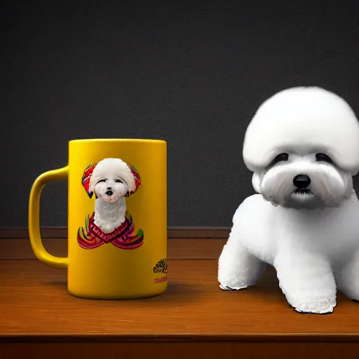 Image similar to a photorealistic photograph of a Trader Vic's Tiki Mug featuring a Bichon Frisé puppy at bar Trending on Artstation, featured on Behance, well-rendered, Unreal Engine, 4K HD