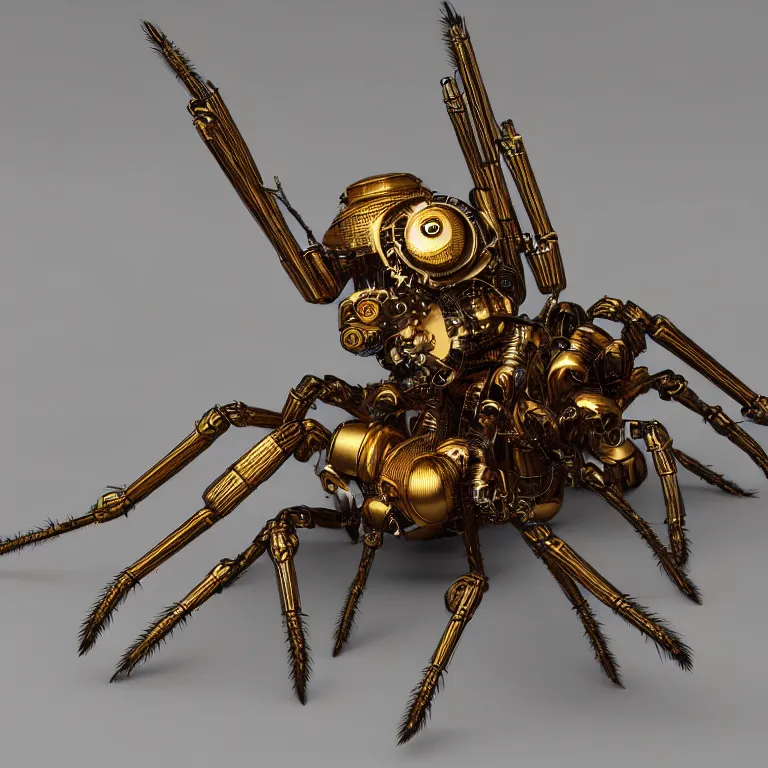 Image similar to beautiful steampunk robotic spider inspired, unreal engine realistic render, high detailed face, photorealism, golden ratio, hyper - realistic 3 d, insanely super detailed, realistic octane render, 1 6 k, fashion photography, micro detail, backlit lighting, subsurface scattering, thin porcelain