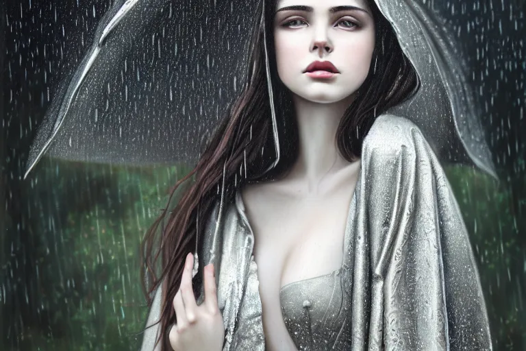 Prompt: highly detailed portrait of a beautiful girl in the rain with wet dark hair and pale skin, ornate elegant silver robes, fantasy, intricate, elegant, dramatic lighting, emotionally evoking symbolic metaphor, highly detailed, lifelike, photorealistic, digital painting, artstation, concept art, smooth, sharp focus, illustration, art by John Collier and Albert Aublet and Krenz Cushart and Artem Demura and Alphonse Mucha