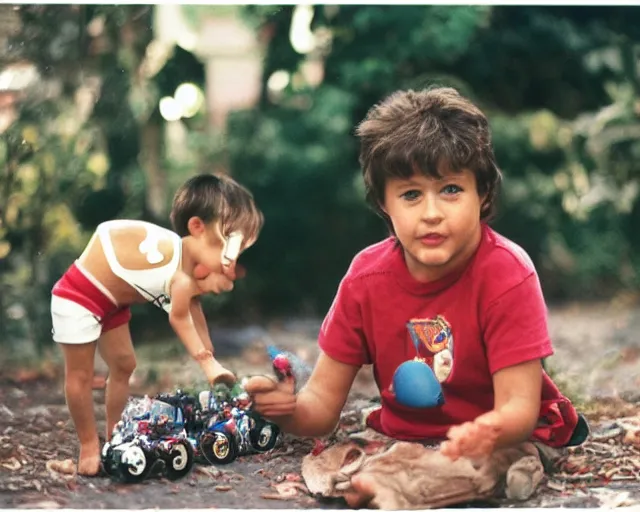 Image similar to 8 5 mm film photography of sylvester stallone!! playing with toys!! near a garden with dof and bokeh