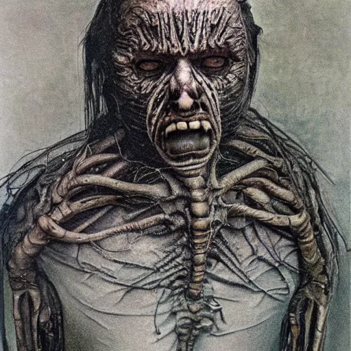 Prompt: portrait of andrei romanovich chikatilo who became a degraded abomination, photo - realistic, color image, 2 k, highly detailed, by h. r. giger