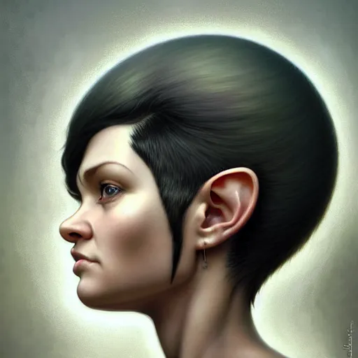 Image similar to portrait of a beautiful cute realistic determined female gnome engineer, black pixie undercut haircut, charming, intense stare, micro detail, intricate, elegant, highly detailed, centered, artstation, sharp focus, illustration, artgerm, tomasz alen kopera, peter mohrbacher, donato giancola, wlop