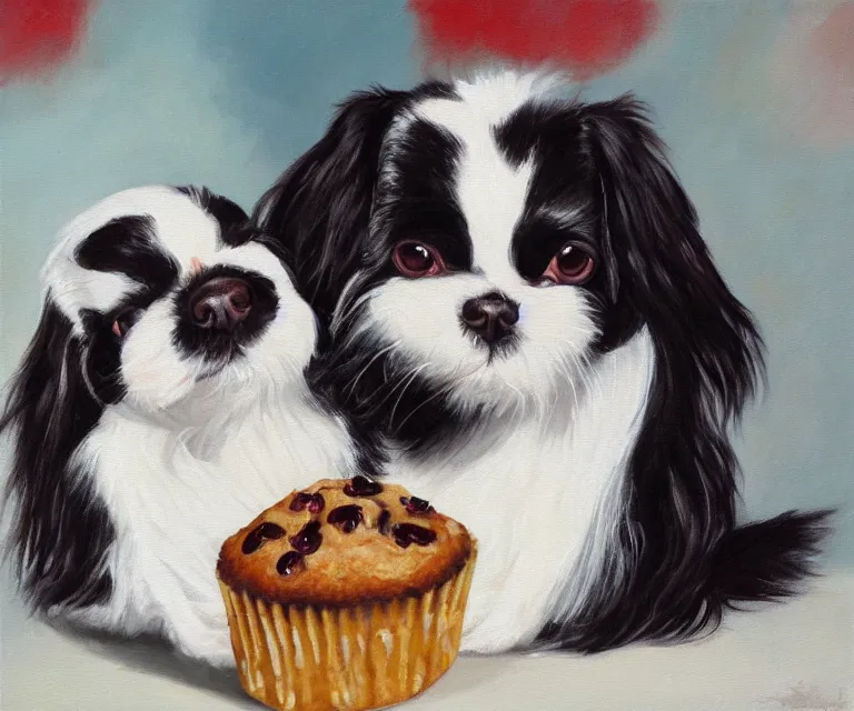 Image similar to white and black japanese chin dog eating cherry muffins, oil painting