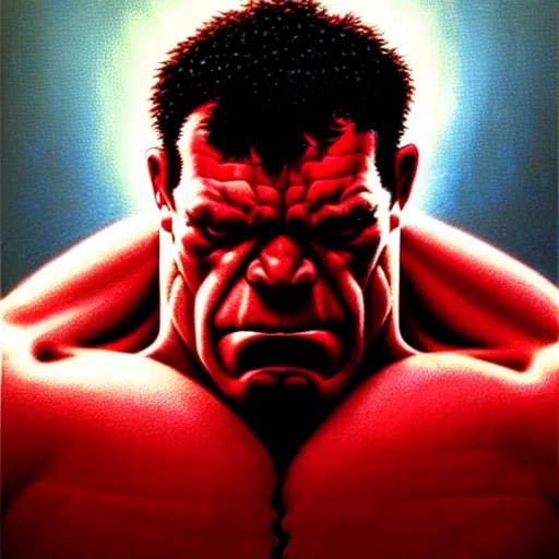 Prompt: cinematic portrait of red hulk, only head and chest, intricate, desaturated, Tim Hildebrandt, Wayne Barlowe, Bruce Pennington, donato giancola, larry elmore, maxfield parrish, Moebius, Thomas Ehretsmann, oil on canvas, gouache painting, masterpiece, trending on artstation, cinematic composition, dramatic pose, volumetric lighting, sharp, details, hyper-detailed, HD, 4K, 8K