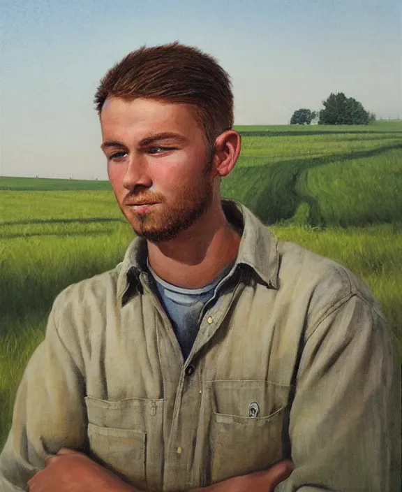 Prompt: portrait of a handsome young ohio farmer, art by denys tsiperko and bogdan rezunenko, hyperrealism