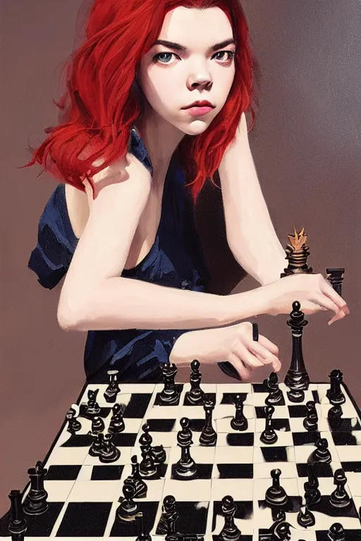 Image similar to a ultra detailed beautiful panting of anya taylor - joy, queens gambit, red hair, bangs, she is holding a chess piece in her hand, high angle shot, the background has an abstract chessboard pattern, oil painting, by ilya kuvshinov, greg rutkowski and makoto shinkai