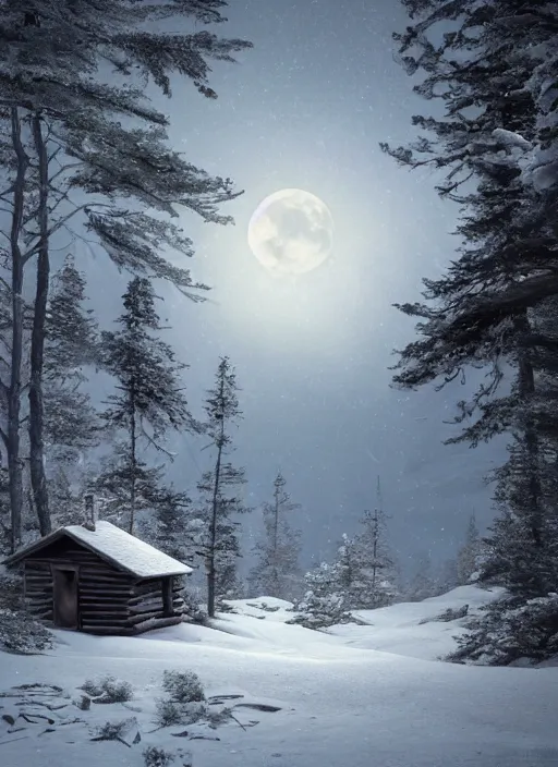 Image similar to an abandoned cabin on the top of a snowy mountain, waxing moon, greg rutkowski, 8 k, shallow depth of field, intricate detail, concept art,