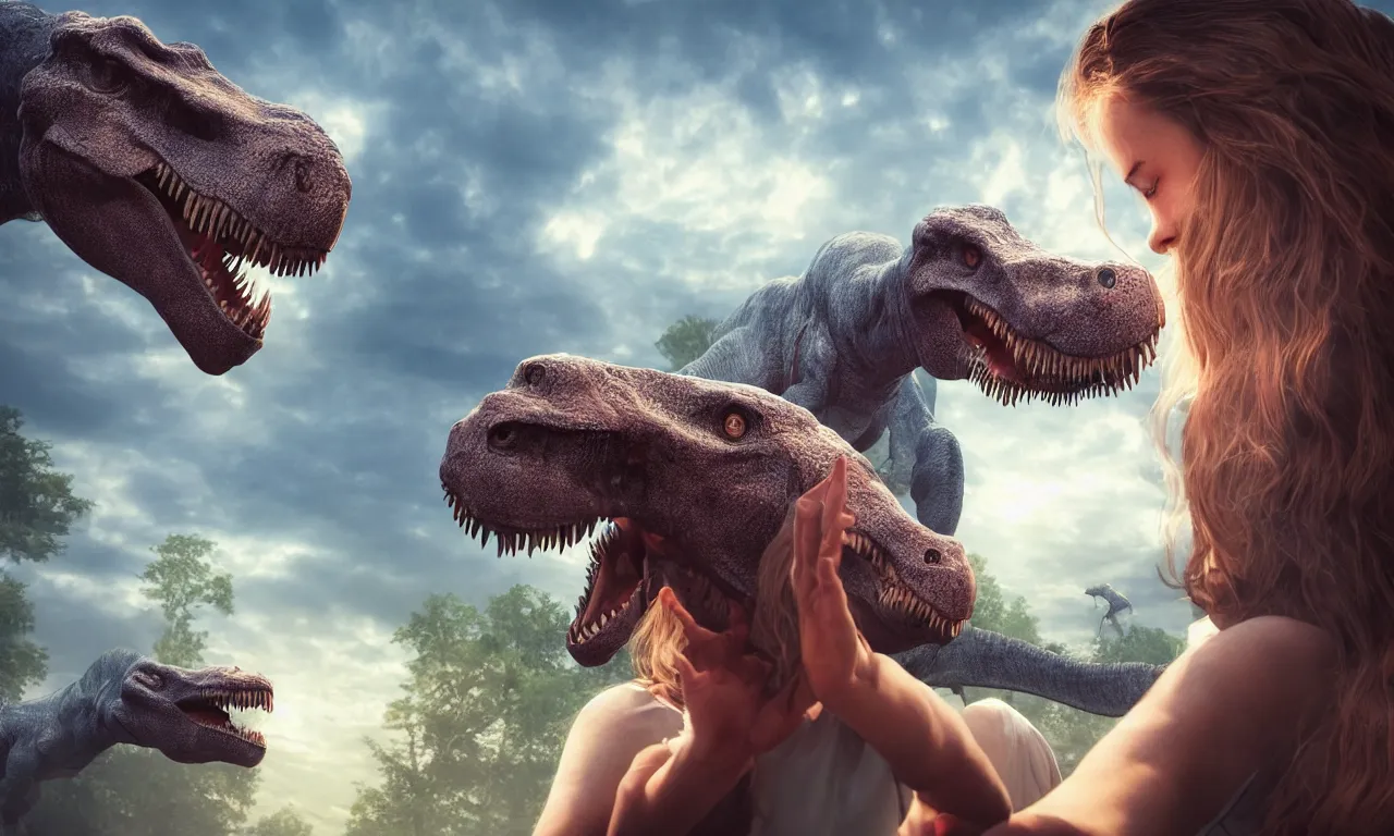 Image similar to portrait of a girl making selfie with her beloved tyrannosaurus, high detail, raytracing, back light, digital art, raymarching, by zdenek burian