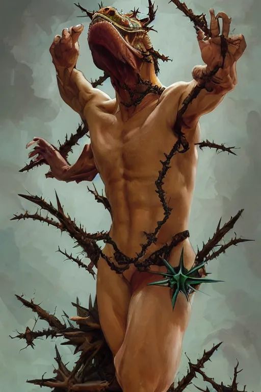 Image similar to fullbody!! dynamic action pose, jesus christ portrayed as a lizard reptile man, holy cross, crown of thorns, christianity, religious, intricate, elegant, highly detailed, digital painting, artstation, concept art, smooth, sharp focus, illustration, art by artgerm and greg rutkowski and alphonse mucha