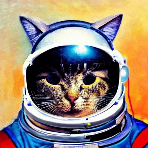 Image similar to oil painting of a cute cat in a astronaut suit with helmet, 35mm, photo, Epic, cinematic, highly detailed and intricate