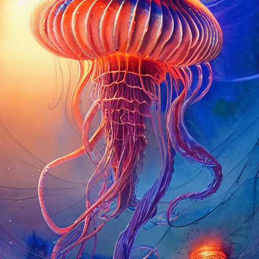 Image similar to a beautiful hyperrealistic ultradetailed watercolor art of gigantic glowing complex multi-layered intricate jellyfish creatures with long flowing tendrils, by Justin Gerard and Laurie Greasley and Peter Mohrbacher and Dan Mumford, tarot card art, detailed shading, vray octane, redshift. micro details, dramatic lighting, volumetric lighting, 8k