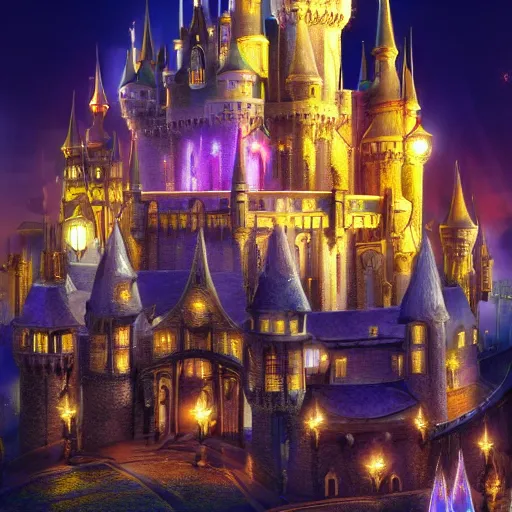 Prompt: beautiful magic academy castle in a bustling fantasy city at night, massive, grand, 8k, cinematic, hyper realistic