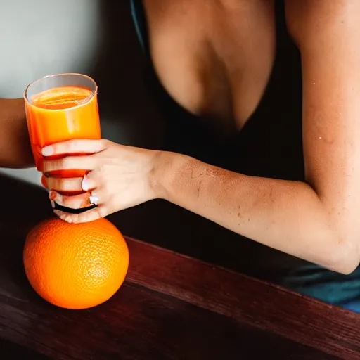 Prompt: a person bathing in orange juice, portrait photograph