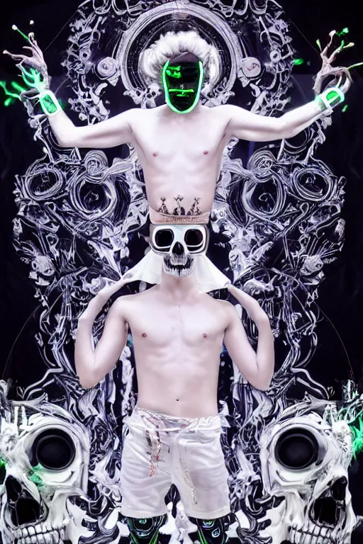 Prompt: full-body rococo and cyberpunk style neon statue of a young attractive Tanner Buchanan wearing cholo shades macho android sim roupa reclining con las piernas abertas, glowing white lasers, glowing eyes, white prince crown, black gears, diamonds, swirling mint-colored silk fabric. futuristic elements. full-length view. human skulls. large intricate artwork by caravaggio. Trending on artstation, octane render, cinematic lighting from the right, hyper realism, octane render, 8k, depth of field, 3D