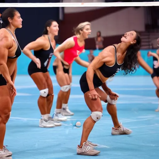 Prompt: female bodybuilders playing volleyball