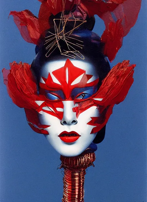 Prompt: an 8 0 s portrait of a woman with dark blue eye - shadow and red lips with dark slicked back hair, a mask made of wire and beads, dreaming acid - fueled hallucinations by serge lutens, rolf armstrong, delphin enjolras, peter elson, red cloth background, airbrush