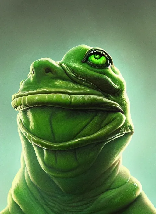 Image similar to slimy 4 chan pepe, drool, portrait, intricate, elegant, highly detailed, digital painting, artstation, concept art, wallpaper, smooth, sharp focus, illustration, art by h. r. giger and artgerm and greg rutkowski and alphonse mucha