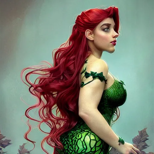 Prompt: a stunning 3 d render of a thicc and stacked ariel dressed as a beautiful poison ivy with hair tied in a braid, dark eyeliner, intricate, elegant, highly detailed, digital painting, artstation, concept art, sharp focus, octane render, art by artgem and jugendstil and greg rutkowski and alphonse mucha, pixv