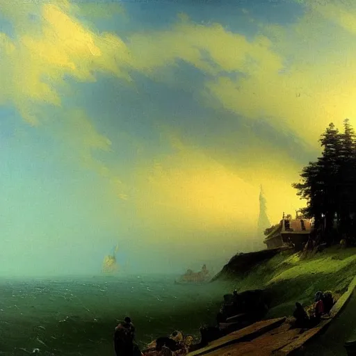 Prompt: aivazovsky's painting is an oil masterpiece. a small cozy village. stunning beautiful landscape.