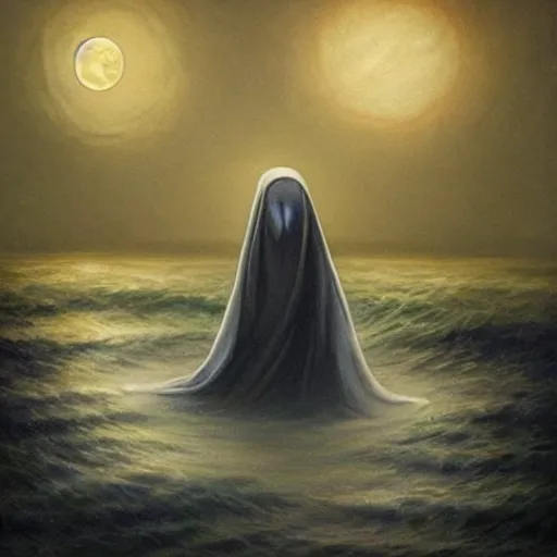 Prompt: ominous bedsheet ghost floating above the ocean late at night, moonlight reflections, oil painting, brush strokes, gloomy misty atmosphere, symmetrical, full body image, highly ornate intricate details,