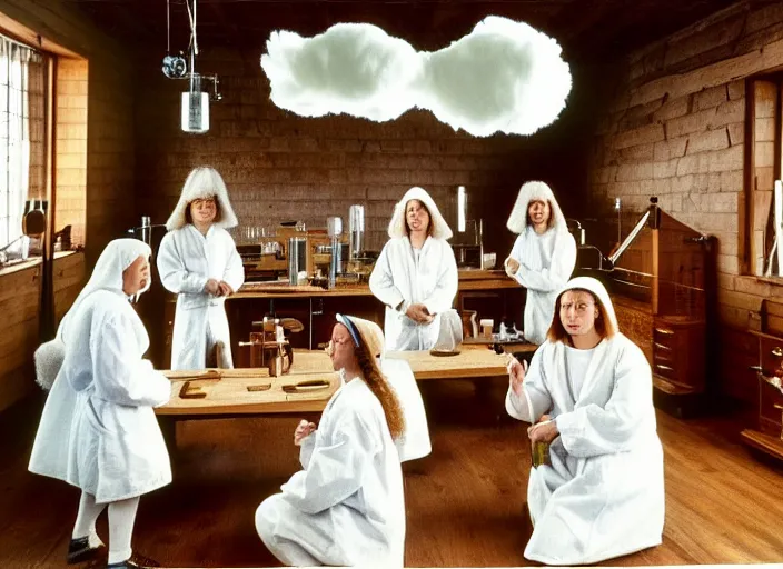 Image similar to realistic photo of a group of medieval female scientists wearing white shorts, watching at a levitating fluffy furry cloud, in a living room laboratory with many wooden gadgets made of wood interior is made of wood 1 9 9 0, life magazine reportage photo, natural colors