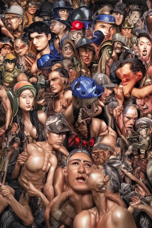 Image similar to place full of tunnel rats - pop art, hyperrealistic, detailed by artgerm and richard hamilton and mimmo rottela and bob rafei and kazuma kaneko and bengus and yoshitaka amano, face features, human anatomy features, sharp focus, realistic detail human composition, anatomy models details, multicultural race