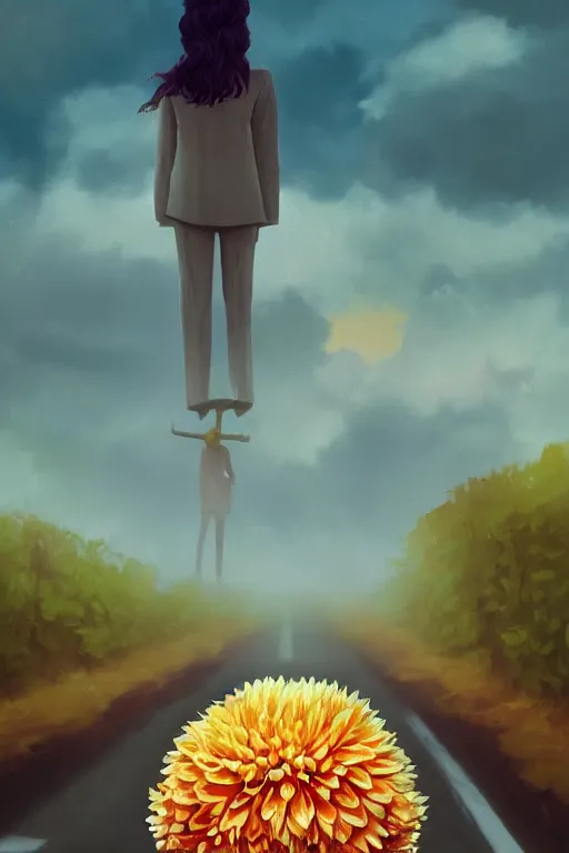 Prompt: closeup giant dahlia flower head, girl in a suit, standing in street, surreal photography, sunrise, dramatic light, impressionist painting, digital painting, artstation, simon stalenhag