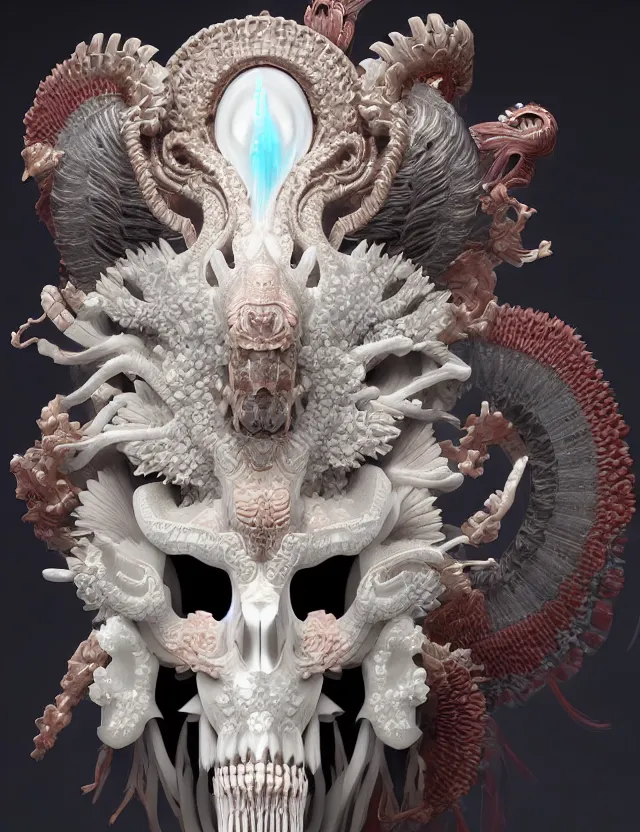 Image similar to 3 d goddess close - up profile portrait ram skull. beautiful intricately detailed japanese crow kitsune mask and clasical japanese kimono. betta fish, jellyfish phoenix, bio luminescent, plasma, ice, water, wind, creature, artwork by tooth wu and wlop and beeple and greg rutkowski