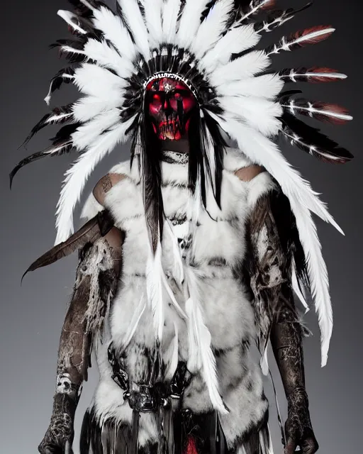 Image similar to the ghost - spirit of the grim - warpaint wears the scarlet skull armor and native blood headdress feathers, midnight fog - mist!, cinematic lighting, various refining methods, micro macro autofocus, ultra definition, award winning photo