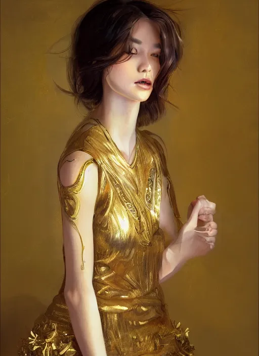 Prompt: girl portrait painting by WLOP, gold skin, expensive dress, highly detailed, harper's bazaar, vogue, magazine, concept art, ornate, luxury, elite, elegant, trending on artstation ,