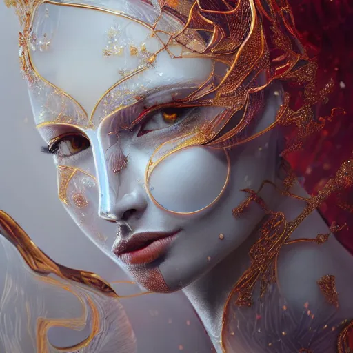 Image similar to abstract highly detailed female drawing made of white marble and red crystals quartz and minerals, ethereal lights, fine details, artstation, digital paint, fantasy, art noveau design, illustration, 8 k, intricate golden filigree, octane render, hypperrealistic painting, abstract liquid, concept art, painting by james gilleard and minna sundberg