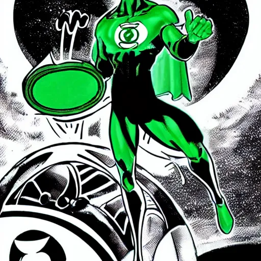 Image similar to comic Green Lantern in black and white uniform in space standing infront of the moon, HQ, comic style