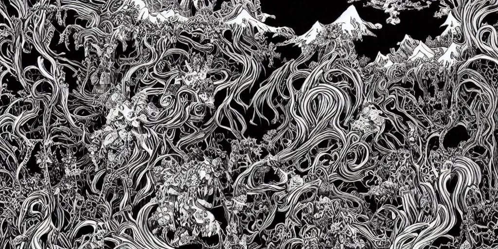 Image similar to black white paper with intricate designs of tyrolean folklore masks ,tarot card ,a mandelbulb fractal dolomites and hay monsters, tyrolean folklore masks, krampus, horns, full of golden layers, roots, by Hokusai and Mike Mignola, trending on artstation,elaborate dark ink illustration