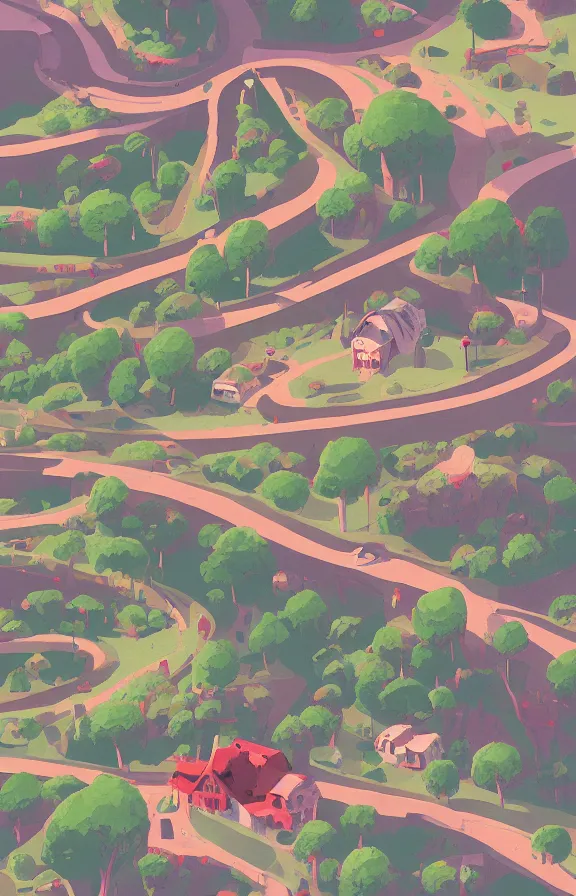 Prompt: house and roads on a mountain, sharp focus, james gilleard, print, game art