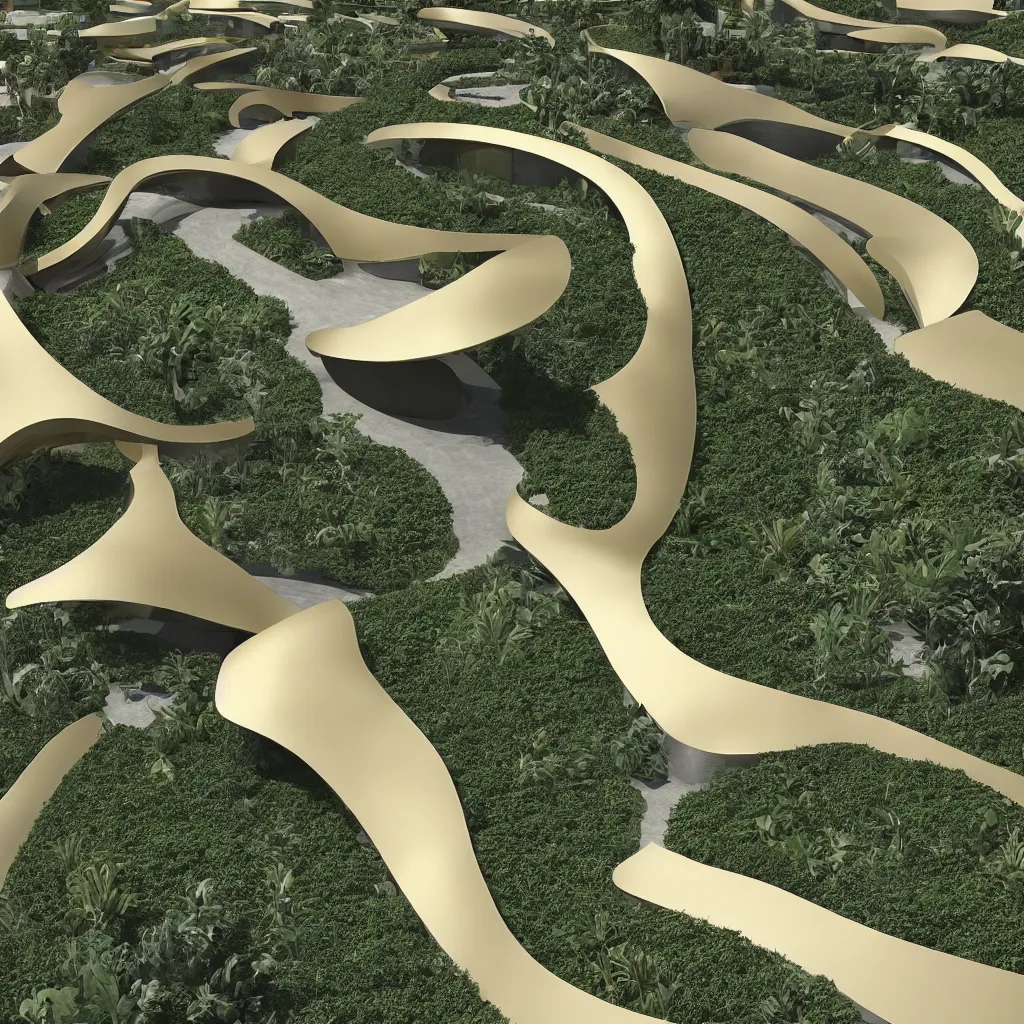 Image similar to “ a incredible smooth curvilinear architectural sculpture, unfolding continuous golden surfaces enclose a visually interesting garden designed by zaha hadid, architecture render ”