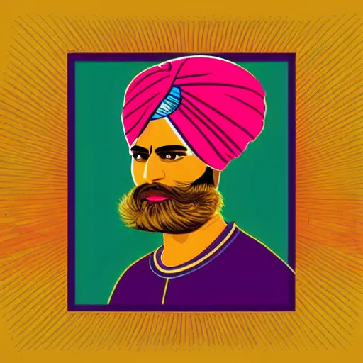 Image similar to a portrait of an indian man with a turban, in retro colors, synthwave style, 2 d digital vector art